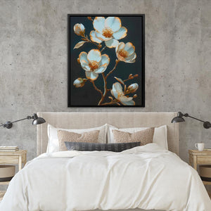 a bed with a white comforter and a painting on the wall above it