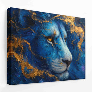 a painting of a blue lion on a white wall