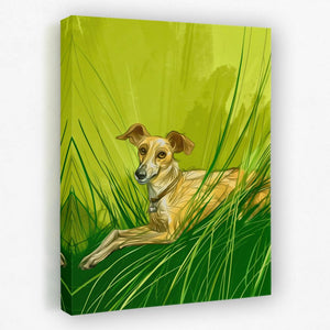 a painting of a dog laying in the grass