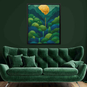 a living room with a green couch and a painting on the wall