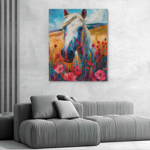 a painting of a horse in a field of flowers