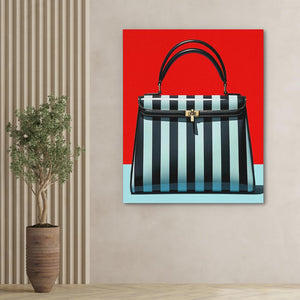 a painting of a black and white striped purse