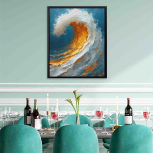 a painting of a wave on a wall above a dining room table
