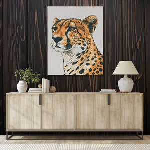 a painting of a cheetah on a wooden wall