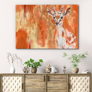 a painting of a deer on a wall above a dresser