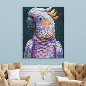 a painting of a colorful parrot in a living room