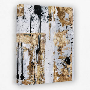 an abstract painting on a white wall with black and gold paint