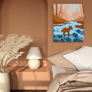 a bedroom with a bed and a painting on the wall