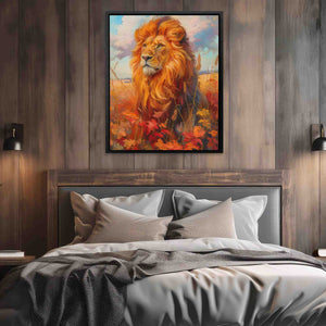 a painting of a lion on a wall above a bed