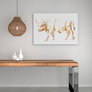 a picture of a bull on a wall above a table