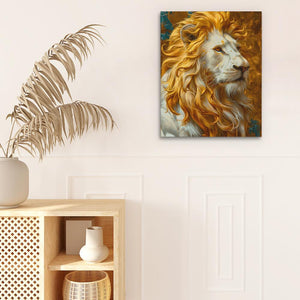 a painting of a lion on a wall next to a potted plant