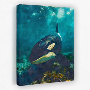 a painting of an orca swimming in the ocean