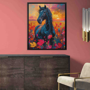 a painting of a horse in a pink room