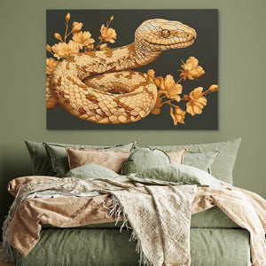 a painting of a snake on a wall above a bed