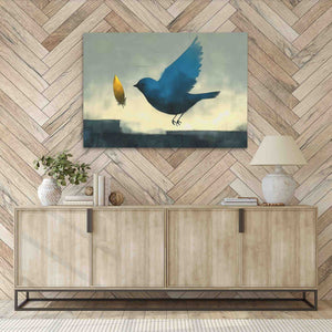 a painting of a blue bird flying over a wooden cabinet