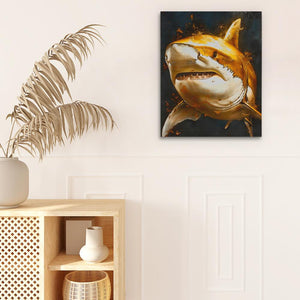 a painting of a shark on a white wall