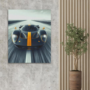 a painting of a racing car on a wall next to a potted plant