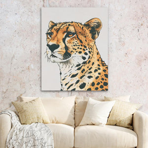 a living room with a couch and a painting of a cheetah