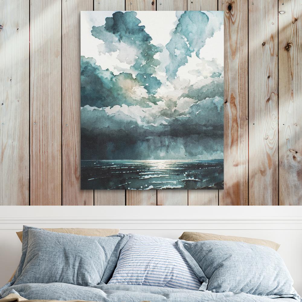 a painting of clouds over a body of water