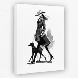 a black and white drawing of a woman walking two dogs