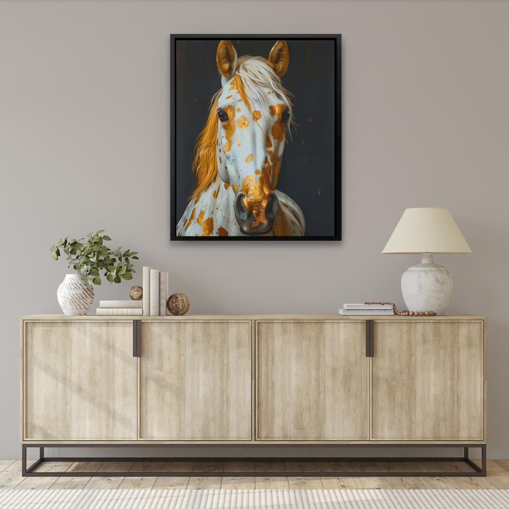 a painting of a white and brown horse