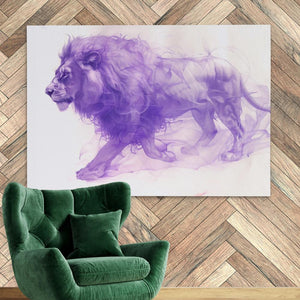 a chair and a painting of a lion on a wall