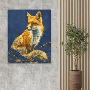 a painting of a fox on a wall next to a potted plant