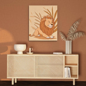 a picture of a lion on a wall above a sideboard