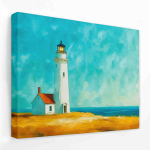 a painting of a lighthouse on a sunny day