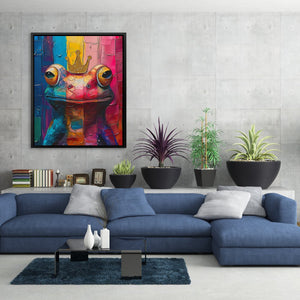 a living room with a blue couch and a painting on the wall