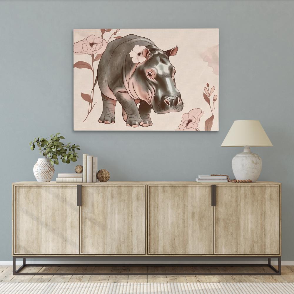 a painting of a hippo with a flower on its head