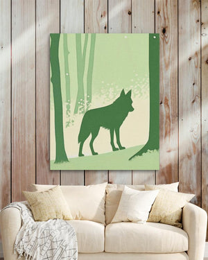 a painting of a dog standing in a forest