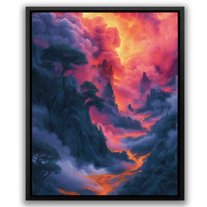 a painting of a sunset with clouds and trees
