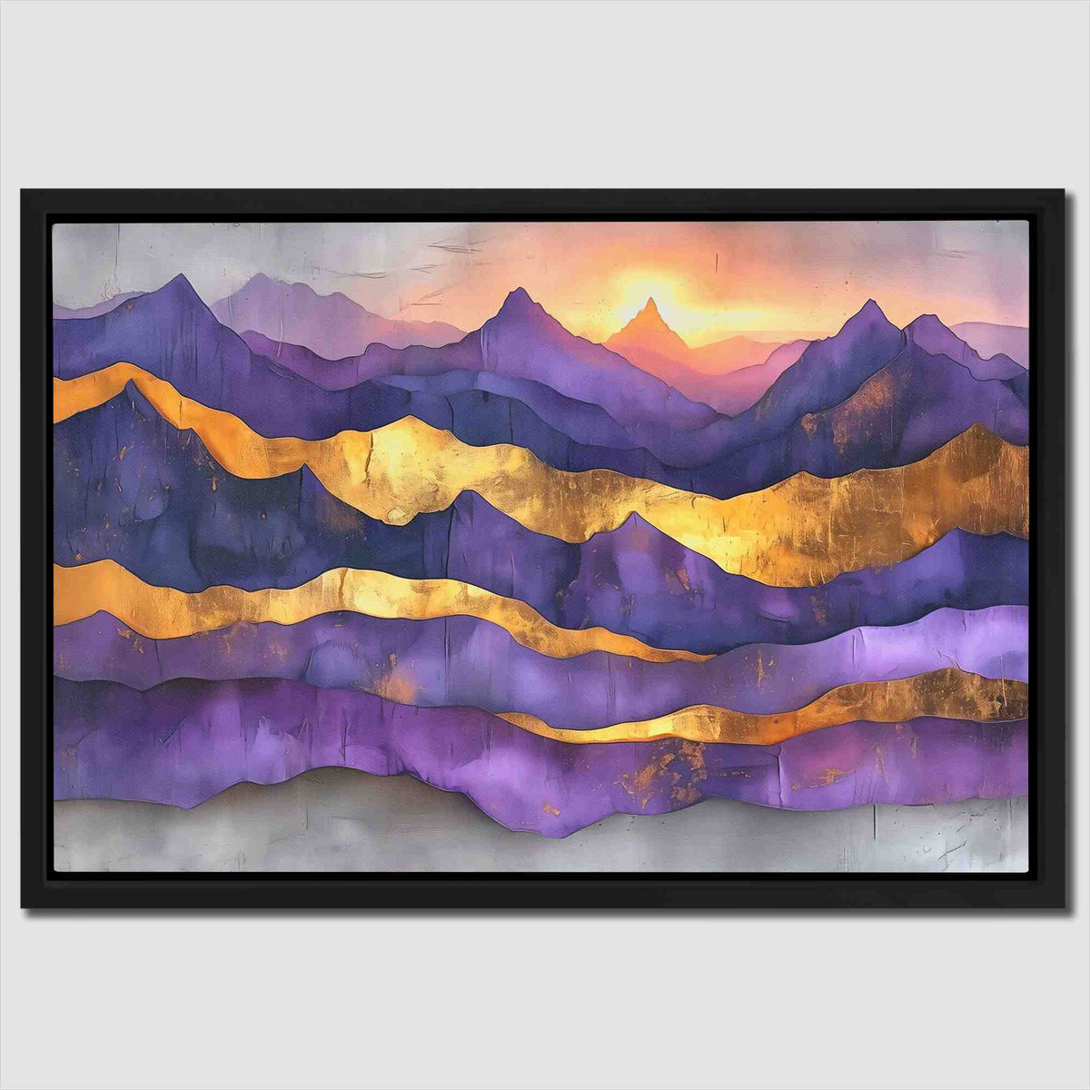 a painting of mountains with a sunset in the background
