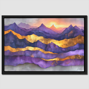 a painting of mountains with a sunset in the background