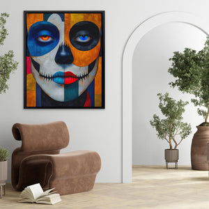 a living room with a chair and a painting on the wall