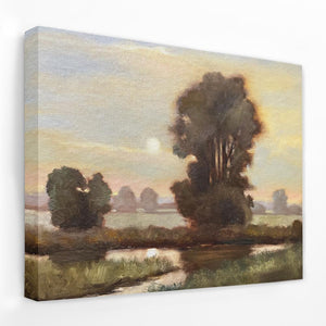 a painting of a landscape with trees and a river