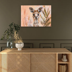 a painting of a kangaroo on a wall above a wooden cabinet