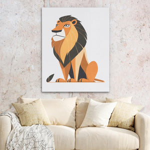 a living room with a couch and a painting of a lion on the wall