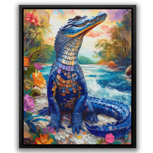 a painting of a blue alligator sitting on a rock