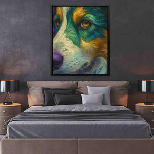 a painting of a dog's face on a wall above a bed
