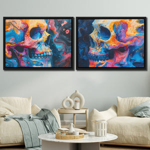 a living room with two paintings on the wall