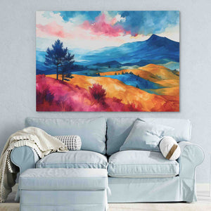 a living room with a couch and a painting on the wall