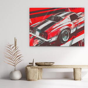 a painting of a red car on a white wall