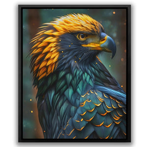 a painting of a colorful bird with a black frame