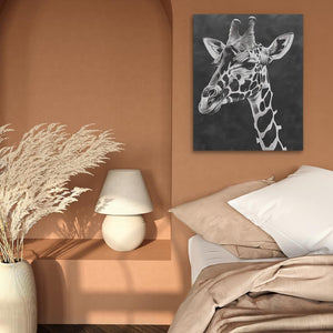 a bedroom with a giraffe painting on the wall