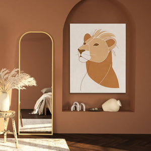 a picture of a lion on a wall next to a mirror