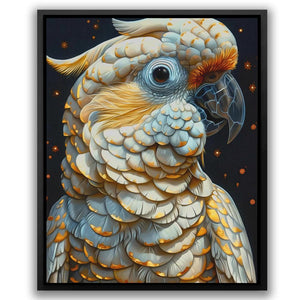 a painting of a white parrot with yellow feathers