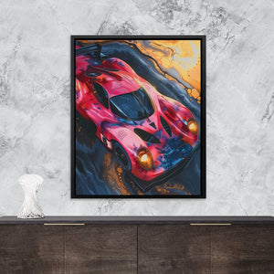 a painting of a racing car on a wall