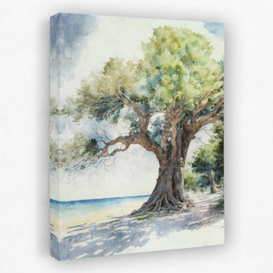 a painting of a tree on a beach